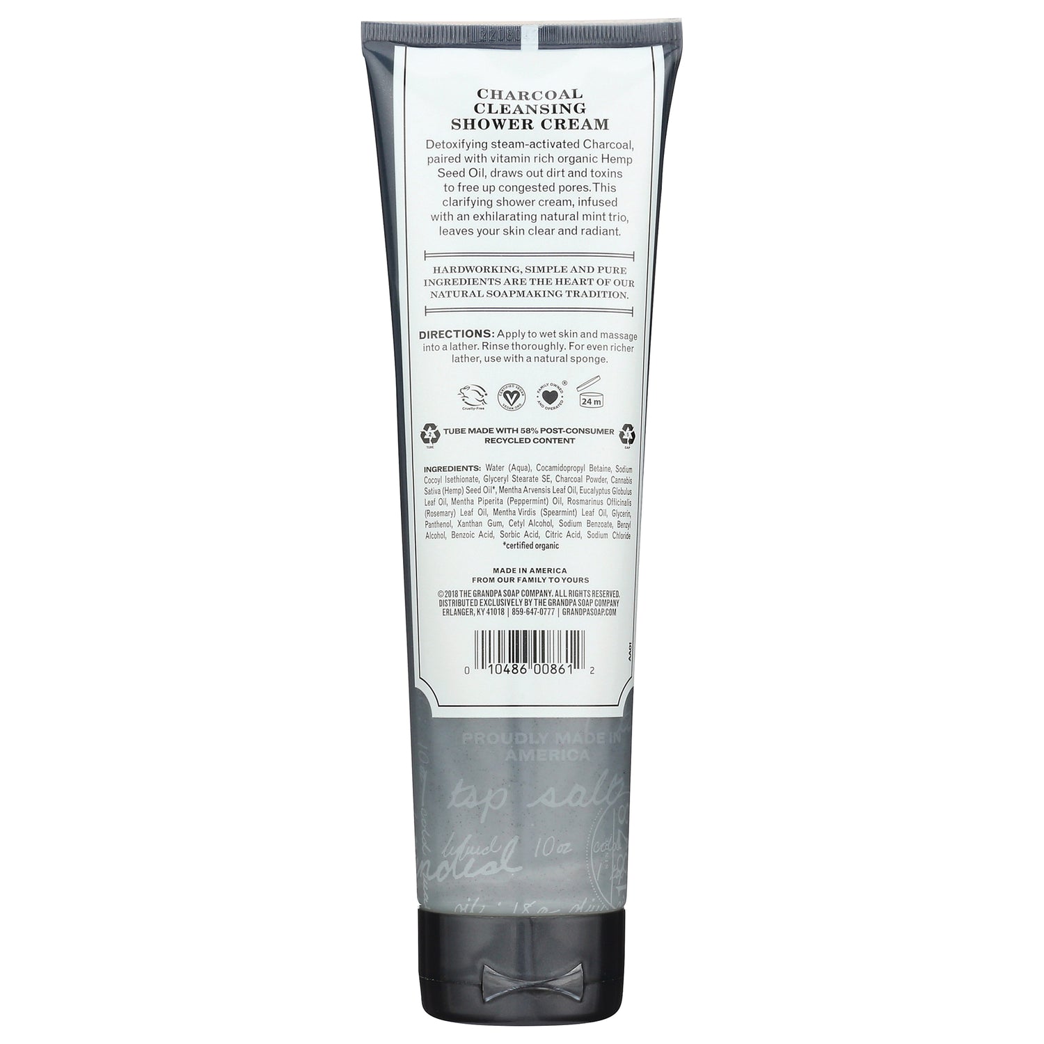 Back label of tube reading CHARCOAL CLEANSING SHOWER CREAM with directions, ingredients, icons and barcode