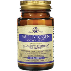 SLG350 | Solgar PM Phytogen Complex balancing formula for women, 60 tablets amber supplement bottle