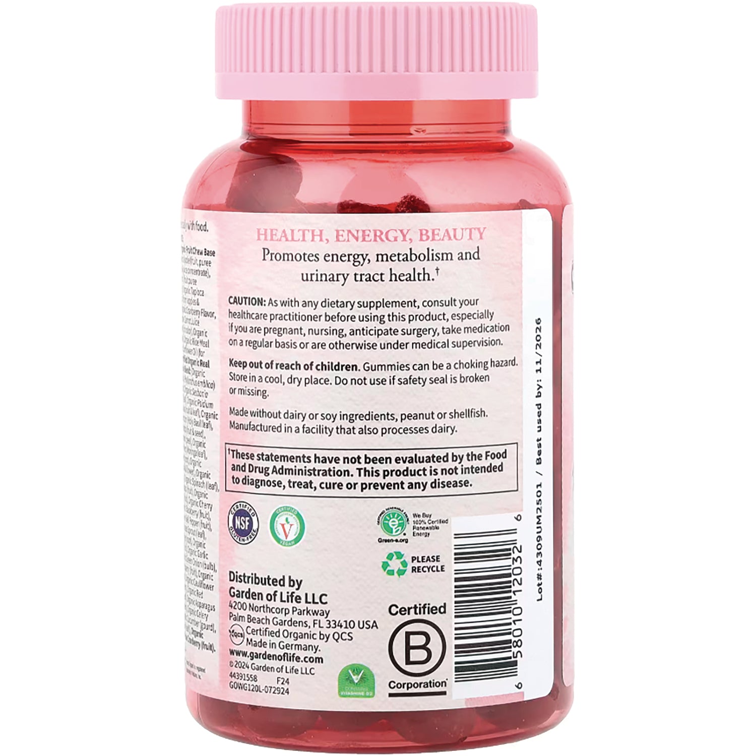 GLF239 | Back of pink supplement bottle showing label with HEALTH, ENERGY, BEAUTY heading, caution text, icons and barcode
