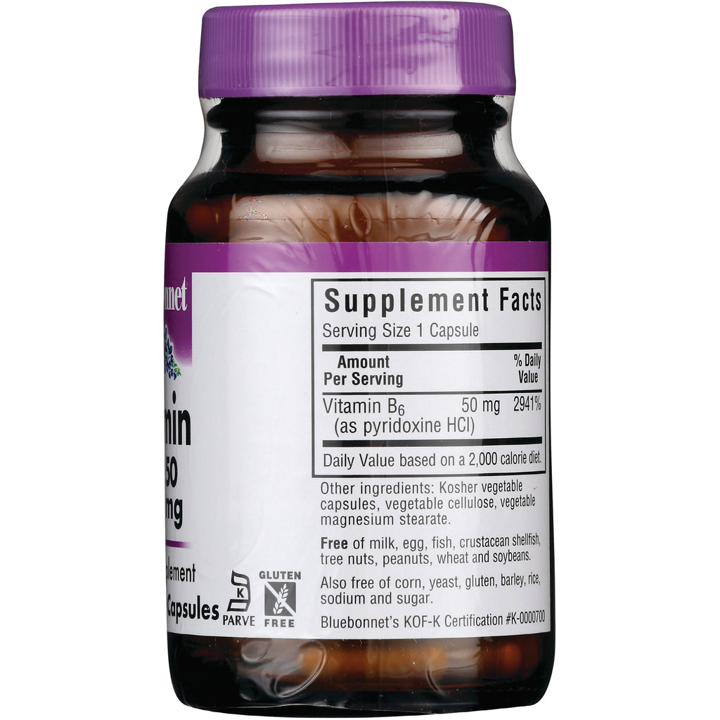 BLU123 | Back label of brown supplement bottle showing Supplement Facts panel, Vitamin B6 50 mg and ingredient/allergen information - Thumbnail