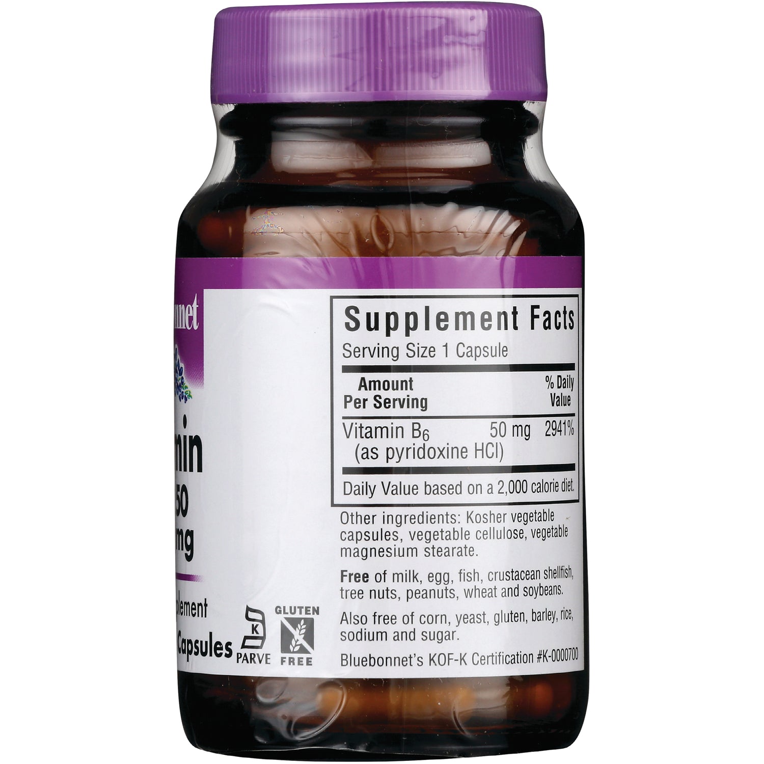 BLU123 | Back label of brown supplement bottle showing Supplement Facts panel, Vitamin B6 50 mg and ingredient/allergen information