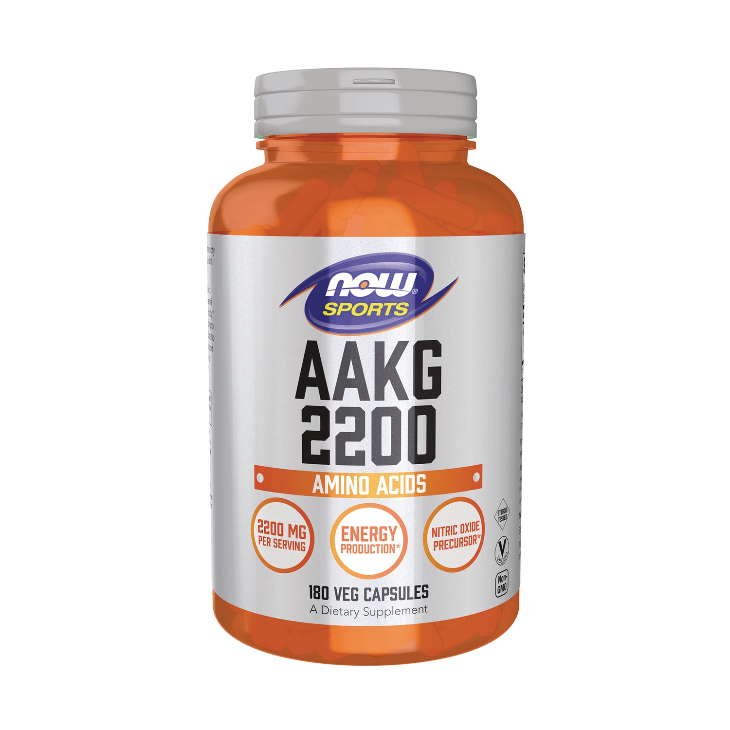 NWF1424 | NOW Sports AAKG 2200 amino acids supplement bottle, front view showing label and orange capsules