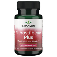 SWU874 | Three front-facing Swanson Pterostilbene Plus supplement bottles labeled Cardiovascular Health with Resveratrol