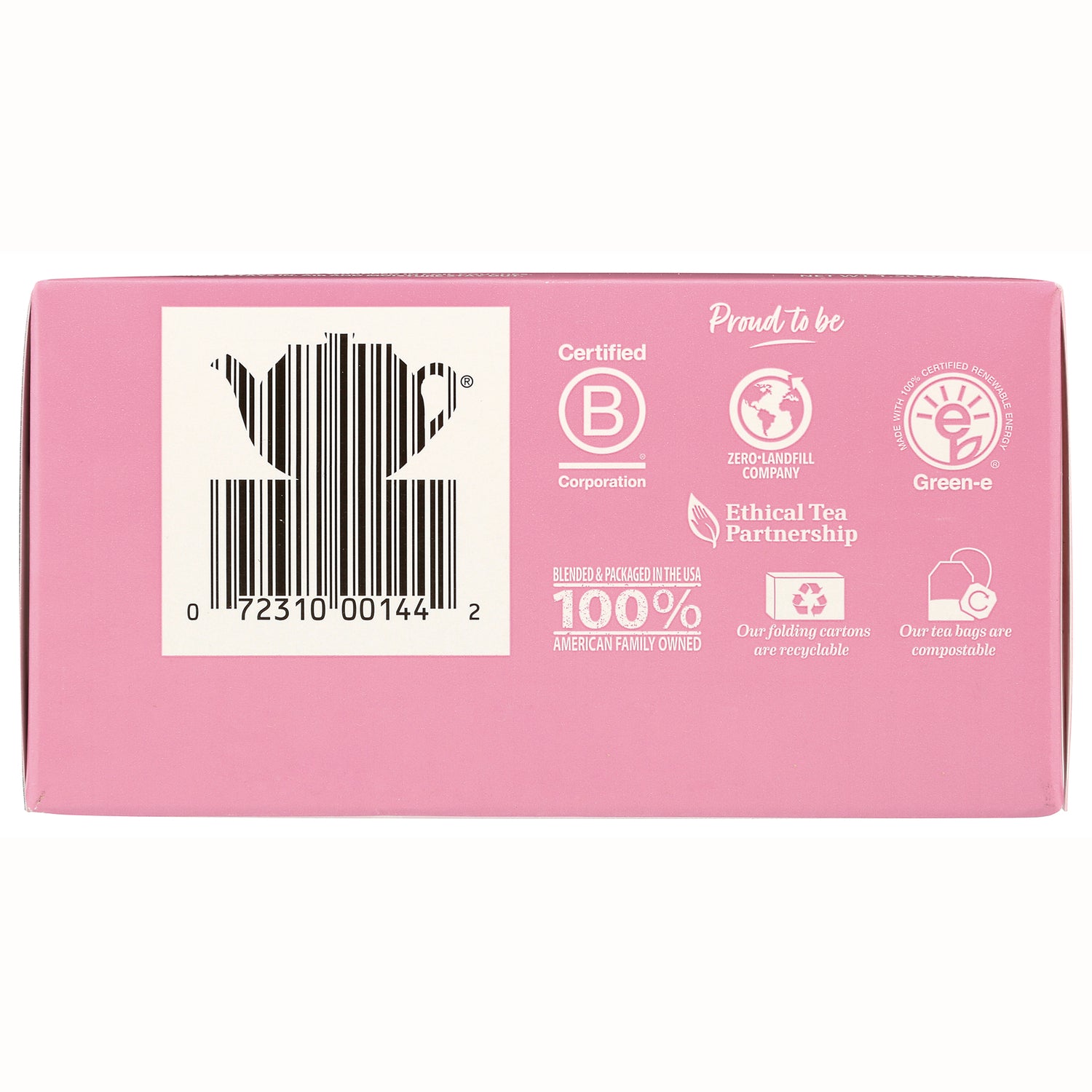 BGT019 | Pink product infographic panel showing teapot-shaped barcode, certification icons and '100% American family owned' text