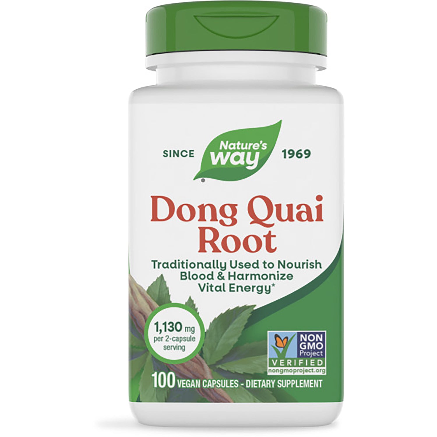 NW130 | Nature's Way Dong Quai Root dietary supplement bottle front with green cap and label reading Plant Powered 100 vegan capsules