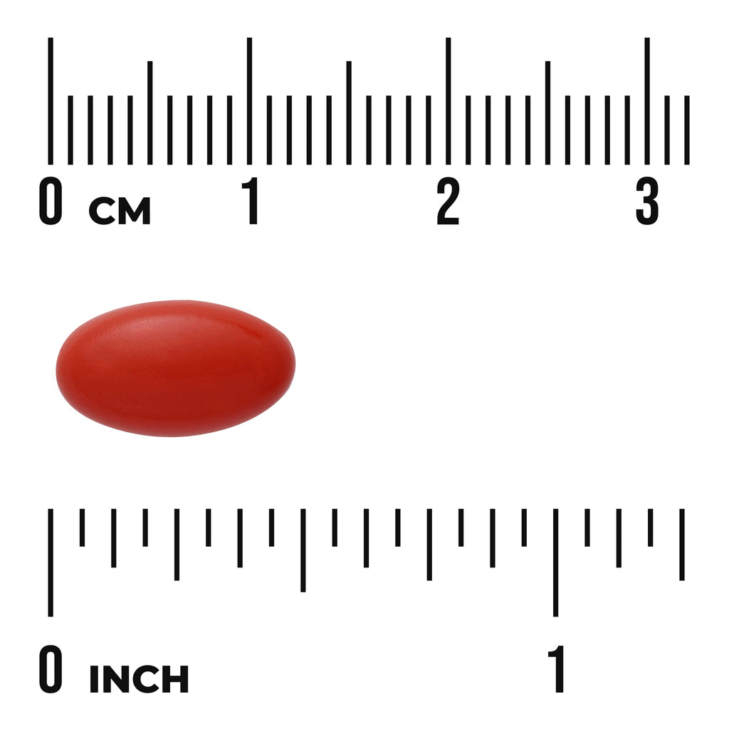 SWU1080 | Red oval softgel shown with size scale in centimeters and inches - Thumbnail