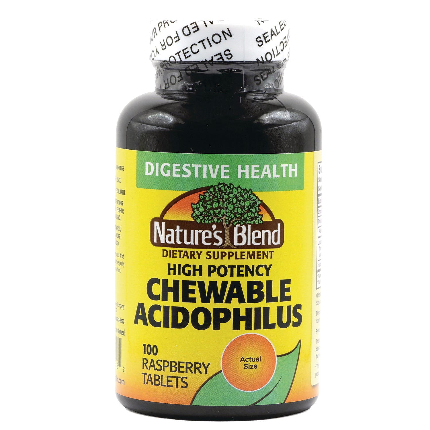 NAB125 | Front bottle of Nature's Blend high potency chewable acidophilus dietary supplement, raspberry tablets