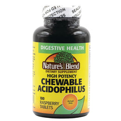 NAB125 | Front bottle of Nature's Blend high potency chewable acidophilus dietary supplement, raspberry tablets