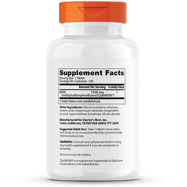 DB087 | Back label showing Supplement Facts panel listing MSM 1500 mg, other ingredients, suggested use, warnings, and manufacturer info