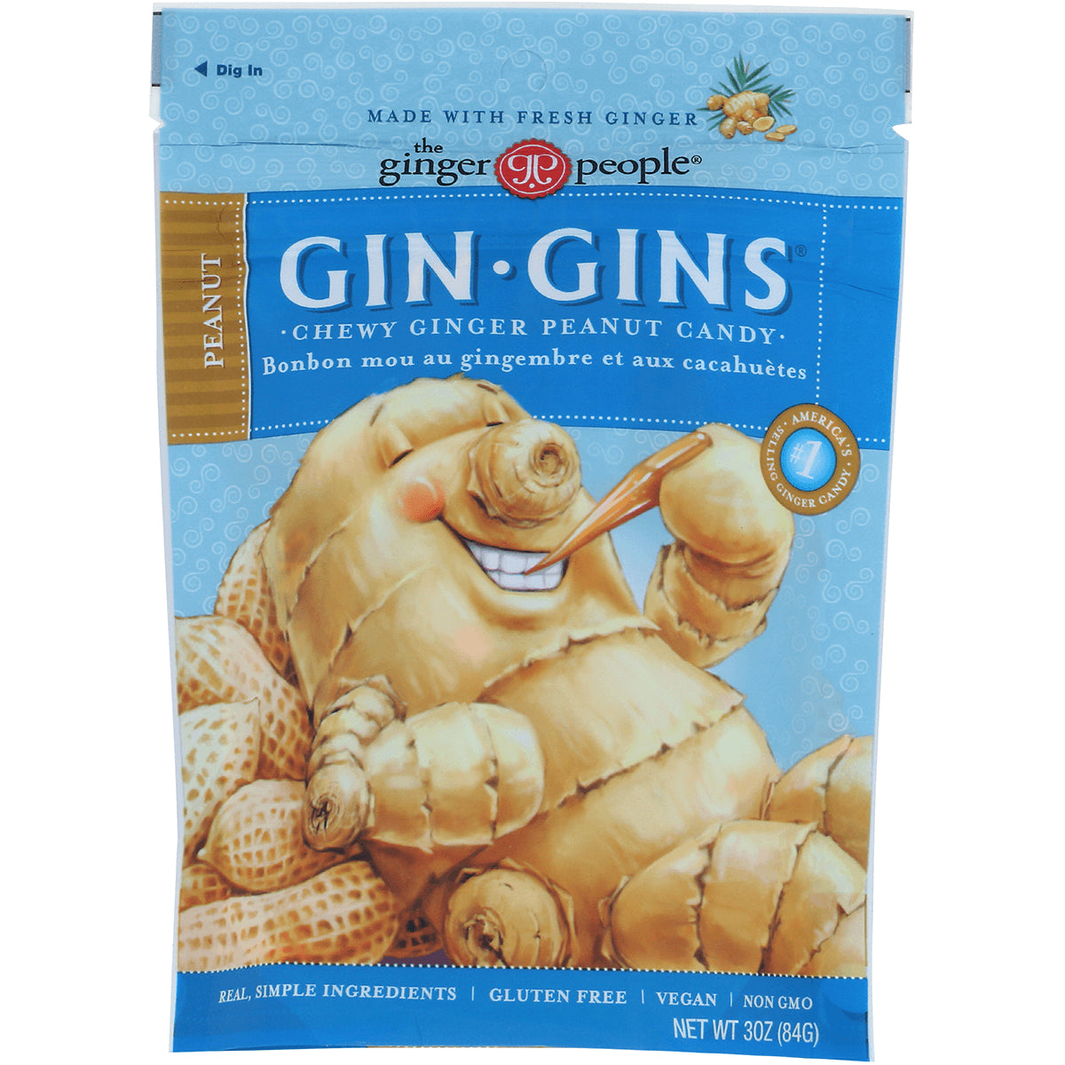 GPE004 | Blue front package of Gin Gins chewy ginger peanut candy featuring ginger character and peanuts