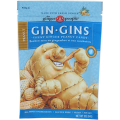 GPE004 | Blue front package of Gin Gins chewy ginger peanut candy featuring ginger character and peanuts