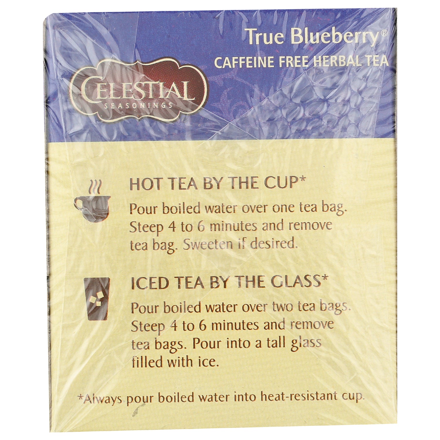CEL003 | Celestial Seasonings True Blueberry tea brewing instructions for hot tea and iced tea, steep 4 to 6 minutes