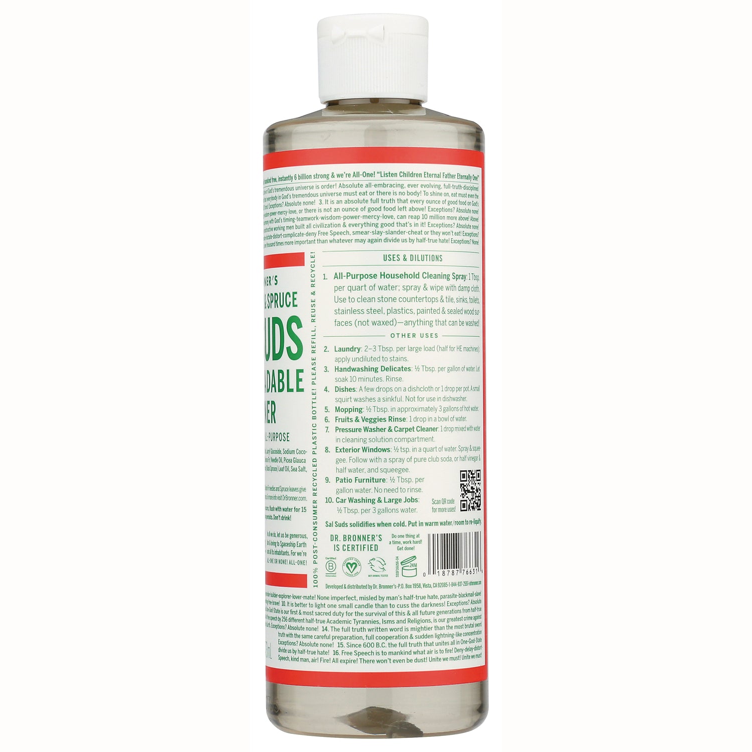 DRB055 | Back label of a liquid cleaning bottle showing uses, dilutions, ingredients and barcode