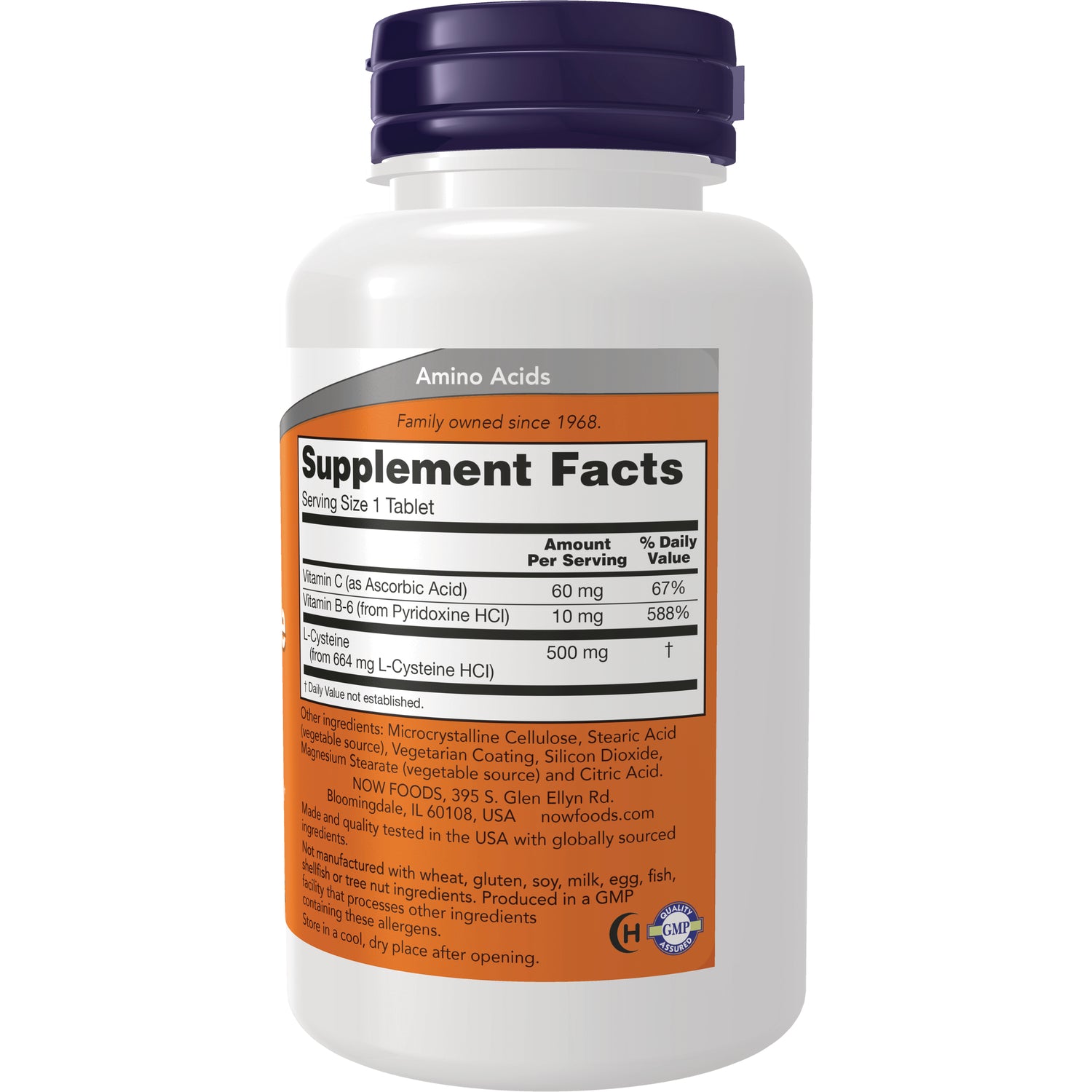 NWF324 | Back of white supplement bottle showing orange Supplement Facts panel listing Vitamin C 60 mg, B-6 10 mg, L-Cysteine 500 mg and ingredients