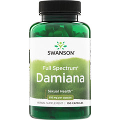 SW532 | Swanson Full Spectrum Damiana herbal supplement bottle, Sexual Health, 510 mg per capsule, 100 capsules
