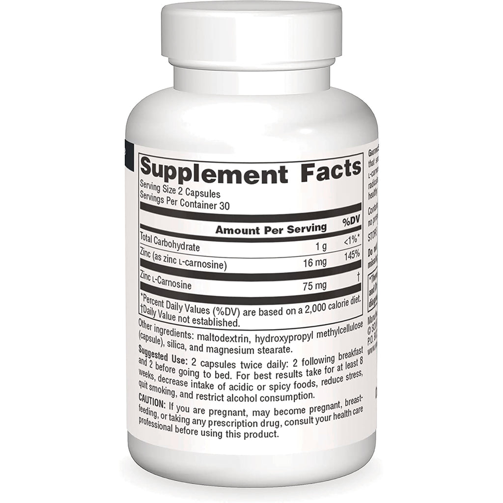 SN201 | Supplement Facts panel showing serving size 2 capsules and zinc (as zinc L-carnosine) 16 mg - Thumbnail