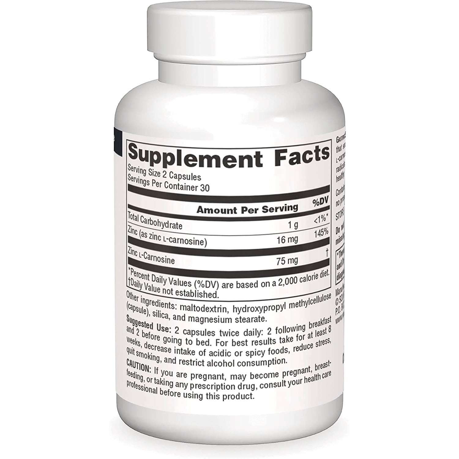 SN201 | Supplement Facts panel showing serving size 2 capsules and zinc (as zinc L-carnosine) 16 mg