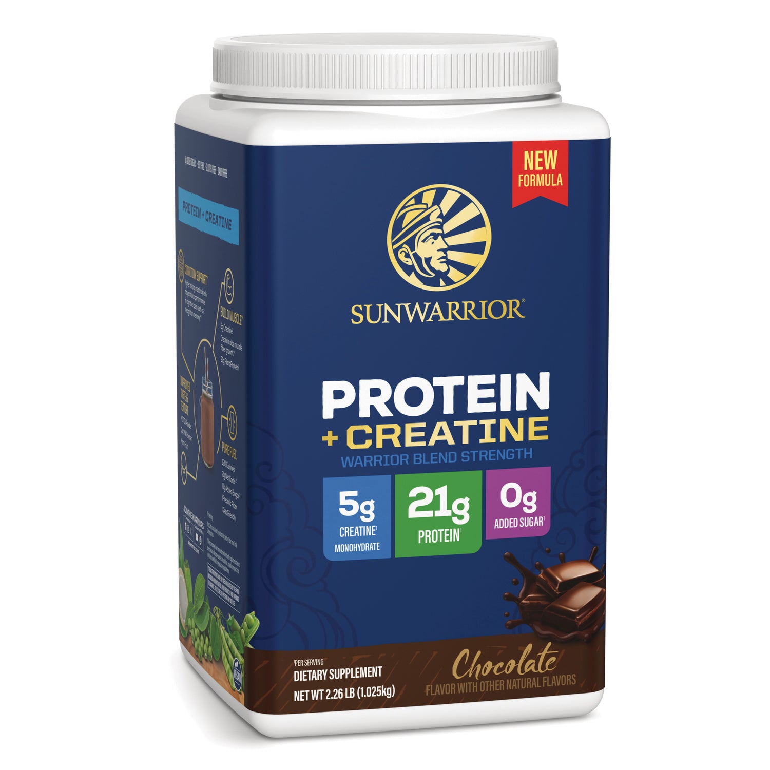 SNW071 | Sunwarrior Protein + Creatine chocolate dietary supplement tub with 5g creatine, 21g protein, and 0g added sugar