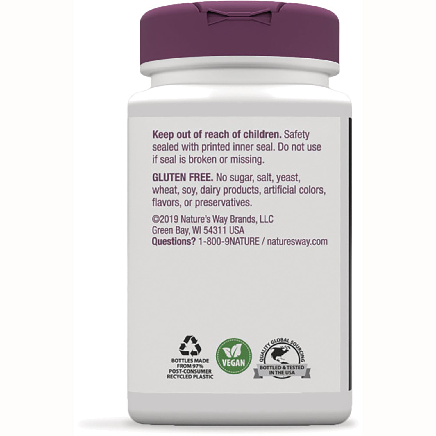 NW691 | Back label of white supplement bottle with keep out of reach of children warning, GLUTEN FREE text, contact info and recycling and vegan icons