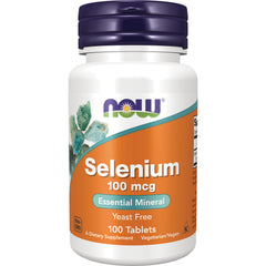 NWF847 | NOW Selenium 100 mcg white supplement bottle front label reading Essential Mineral Yeast Free 100 Tablets