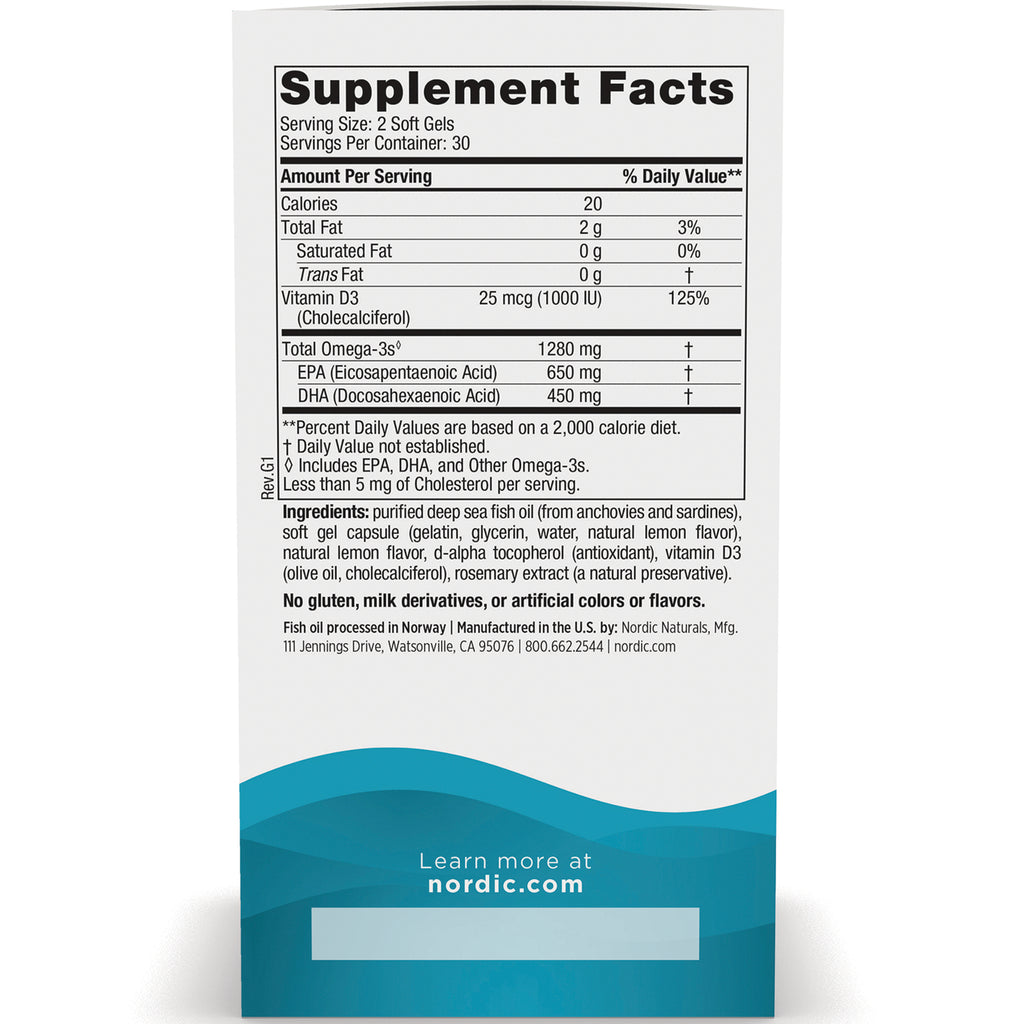 NRN033 | back panel showing Supplement Facts, omega-3 amounts and ingredients for fish oil soft gels - Thumbnail