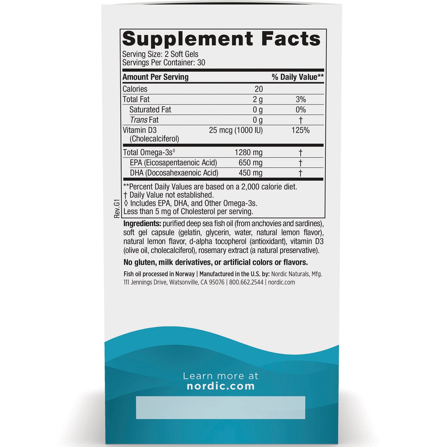NRN033 | back panel showing Supplement Facts, omega-3 amounts and ingredients for fish oil soft gels