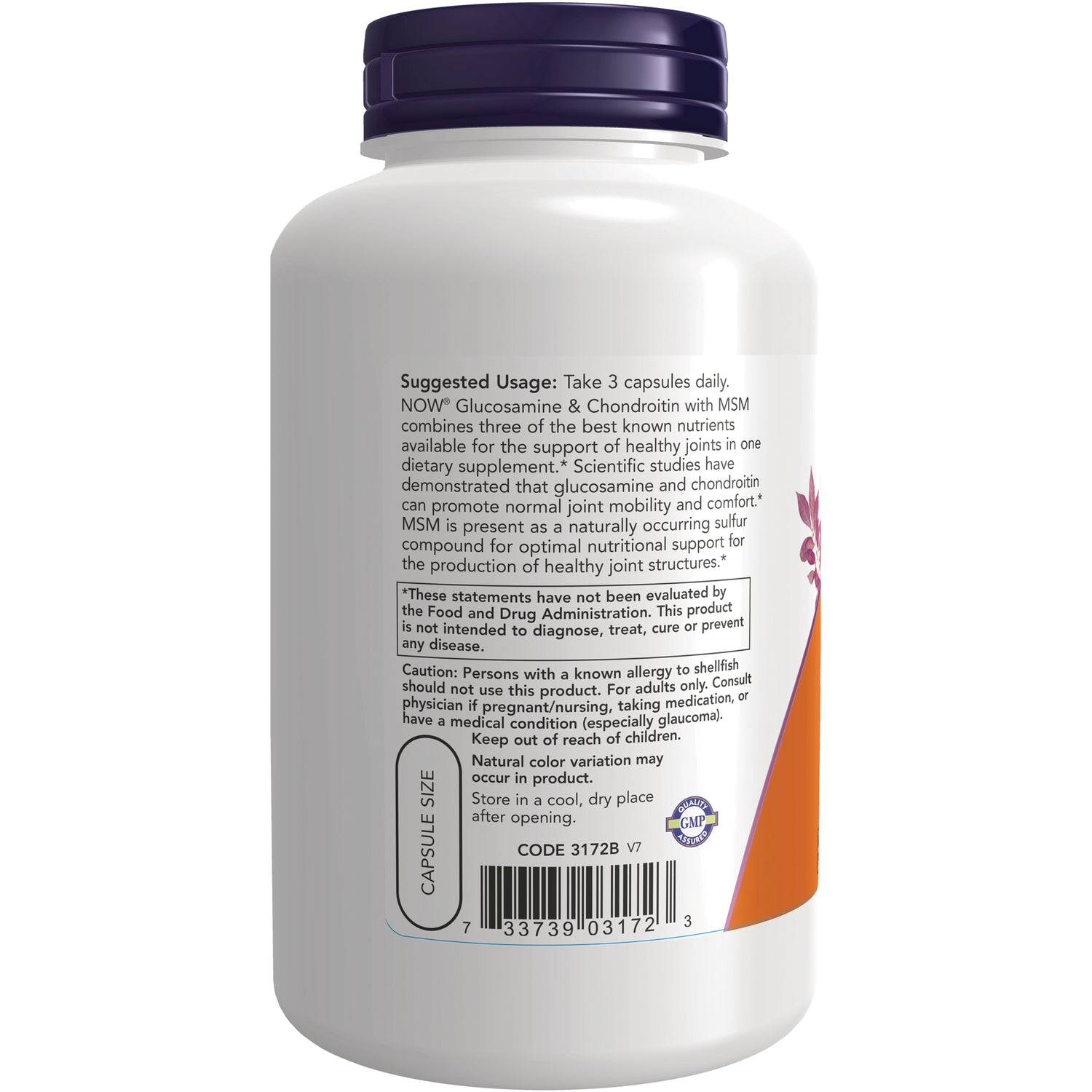 NWF130 | Back label of white supplement bottle showing suggested usage text, caution box, barcode, and capsule size