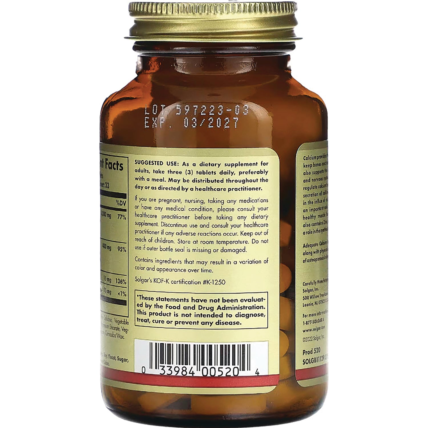 SLG265 | amber glass supplement bottle back showing directions, warnings, nutrition panel and barcode