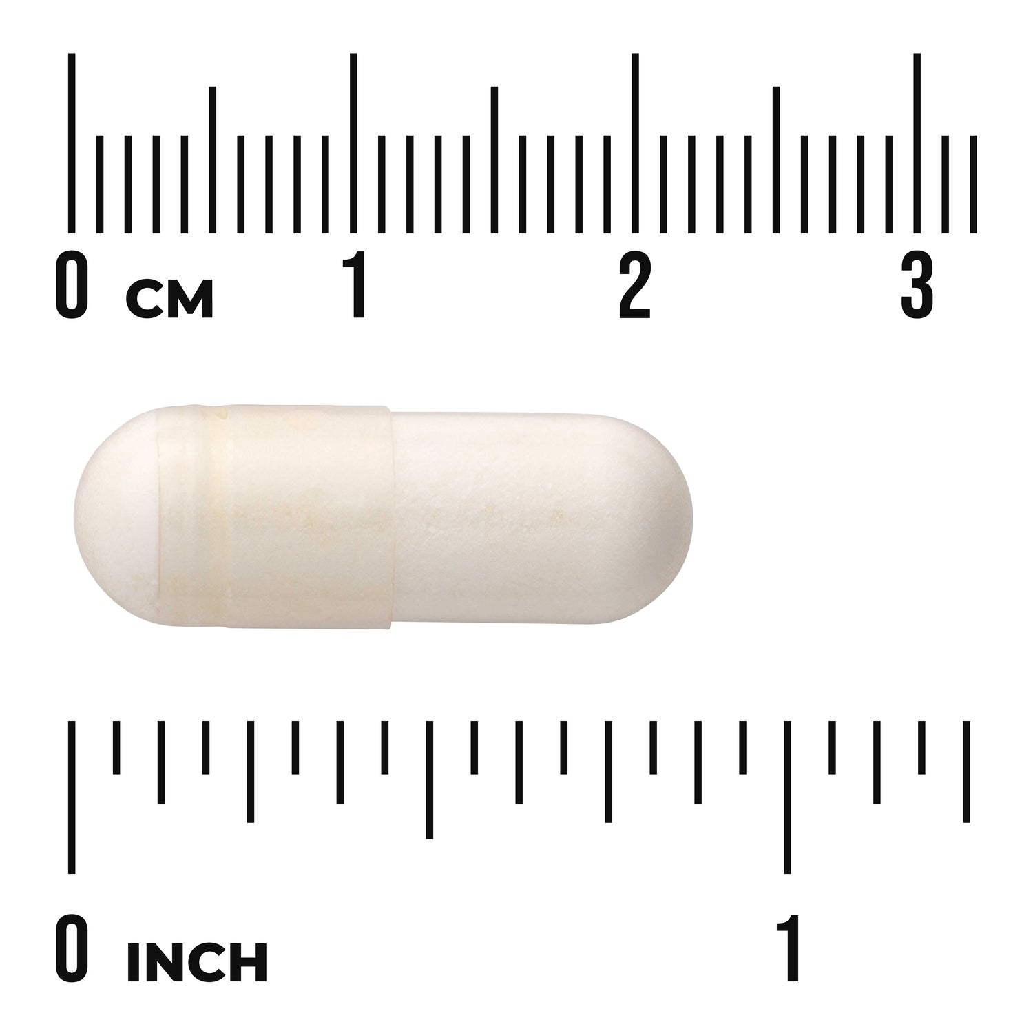 SWA001 | White two-piece capsule on rulers marked in cm and inch to show size