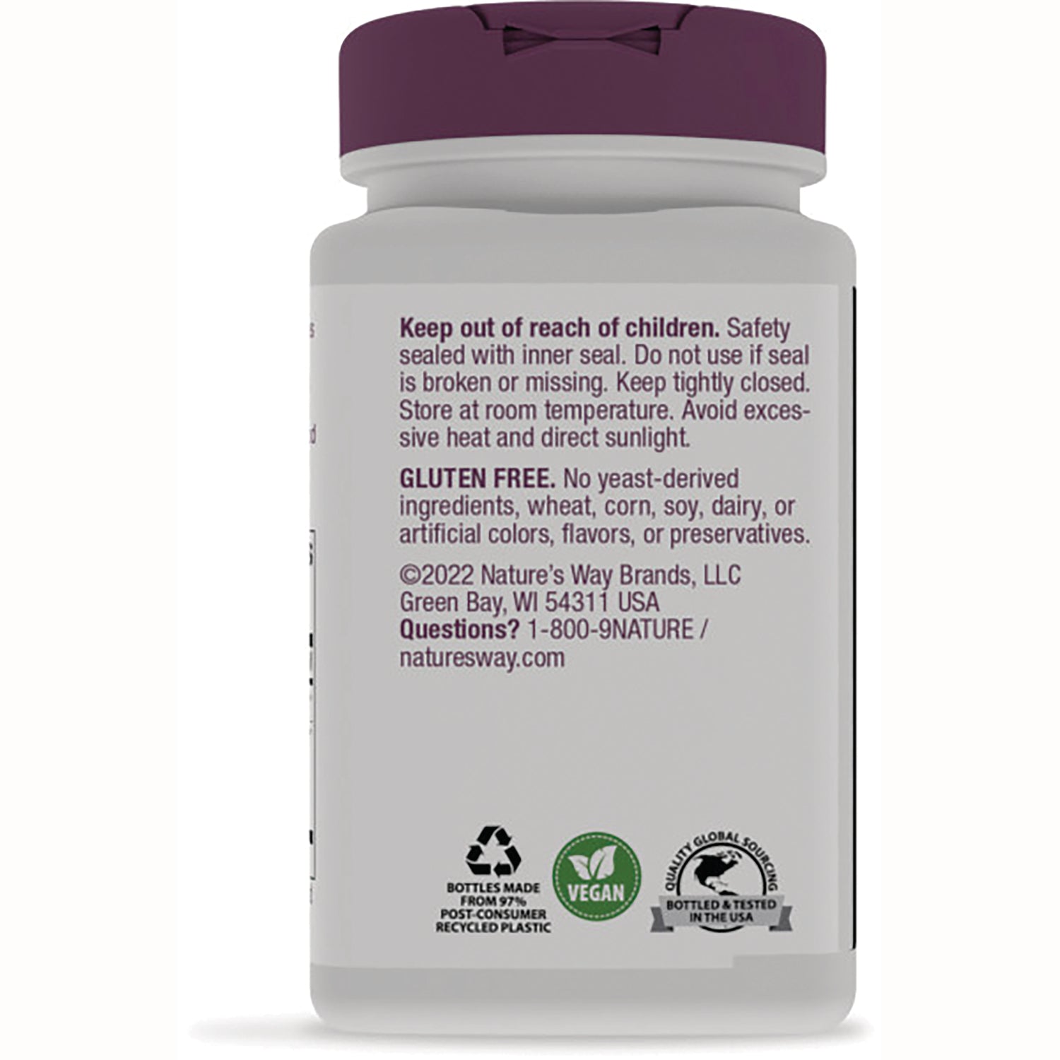 NW755 | Back label of white supplement bottle reading Keep out of reach of children and GLUTEN FREE, with vegan and recycling icons