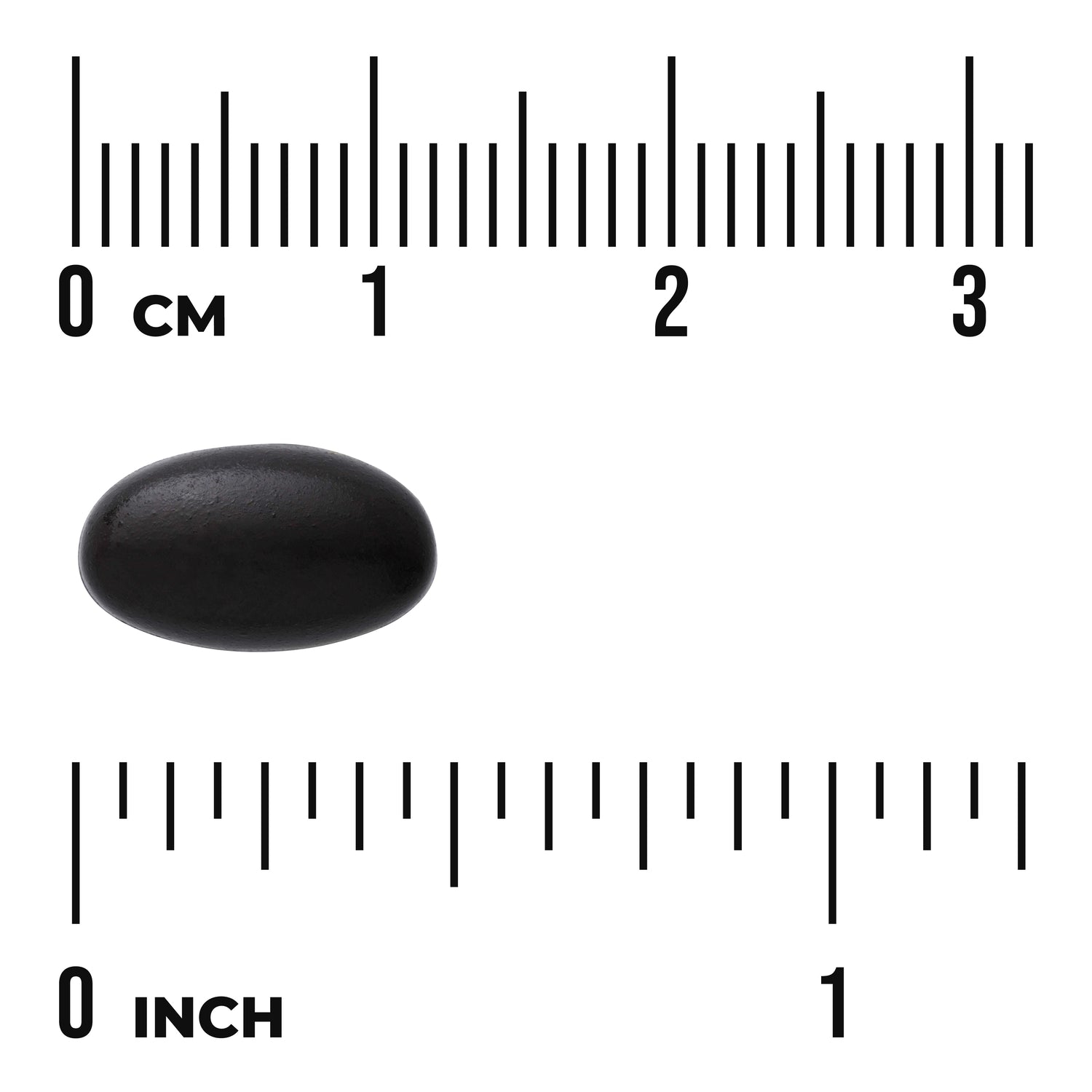 SWU989 | Black softgel shown with centimeter and inch rulers for size