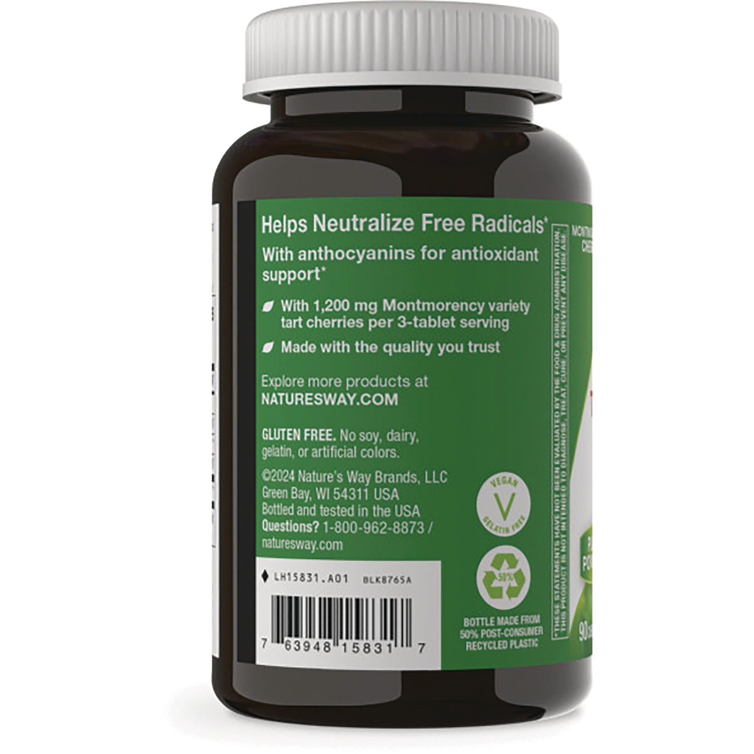 ET443 | Back of dark supplement bottle showing green label with benefits text, barcode, gluten free and recycling icons