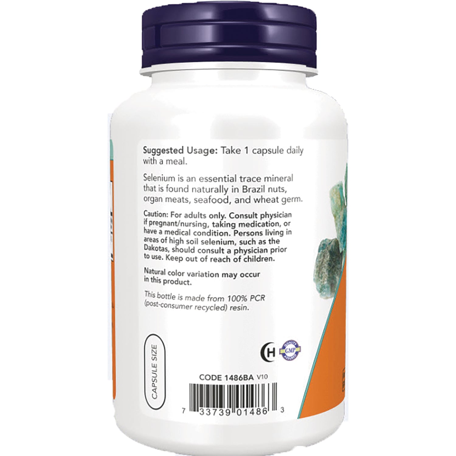 NWF704 | back label of white supplement bottle showing suggested usage, caution text, barcode, and capsule size