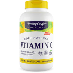 HRG182 | White bottle with yellow cap labeled Healthy Origins HIGH POTENCY VITAMIN C 1,000 MG 360 VEGGIE CAPS dietary supplement