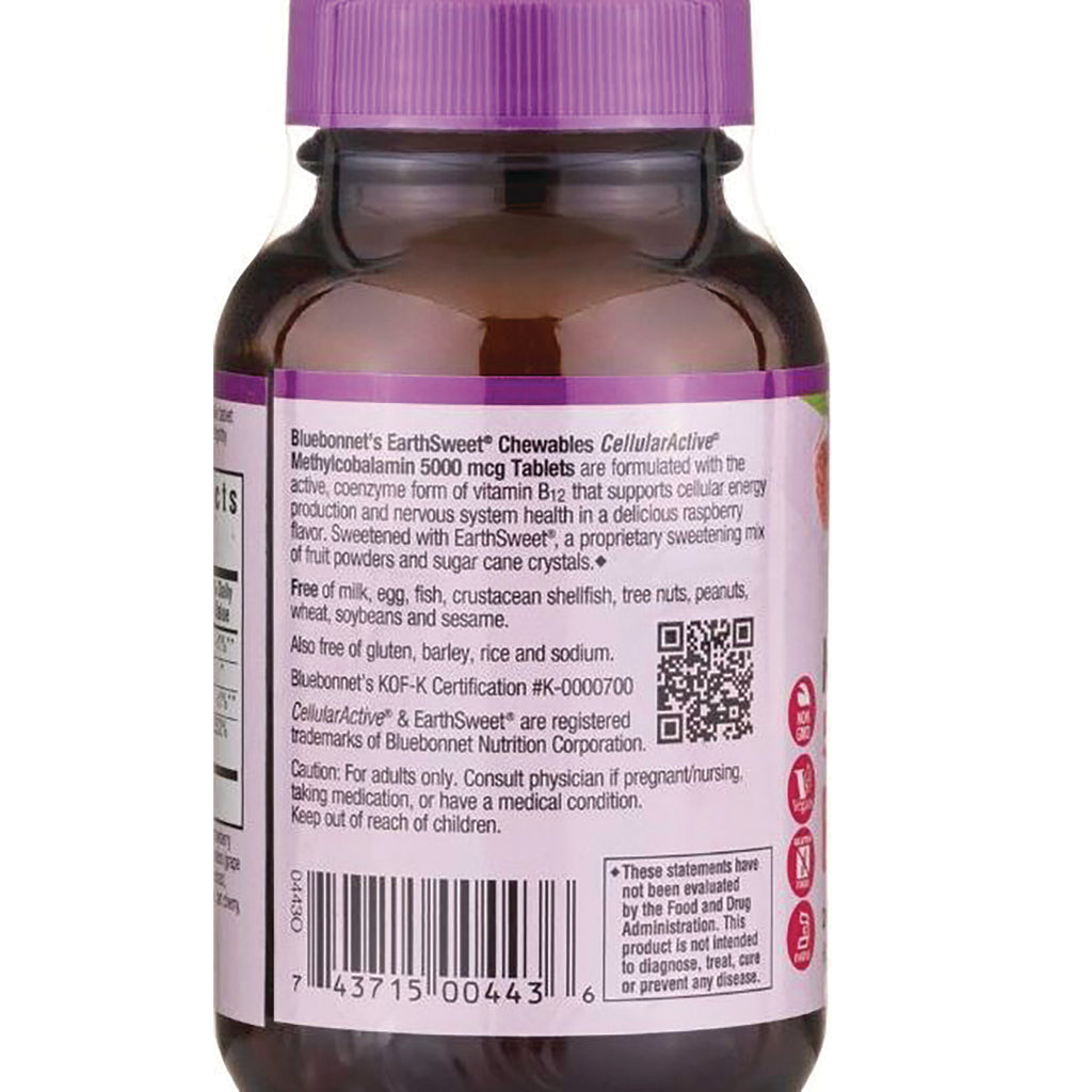 BLU078 | Back label of methylcobalamin 5000 mcg chewable bottle showing ingredients, warnings, QR code and barcode - Thumbnail