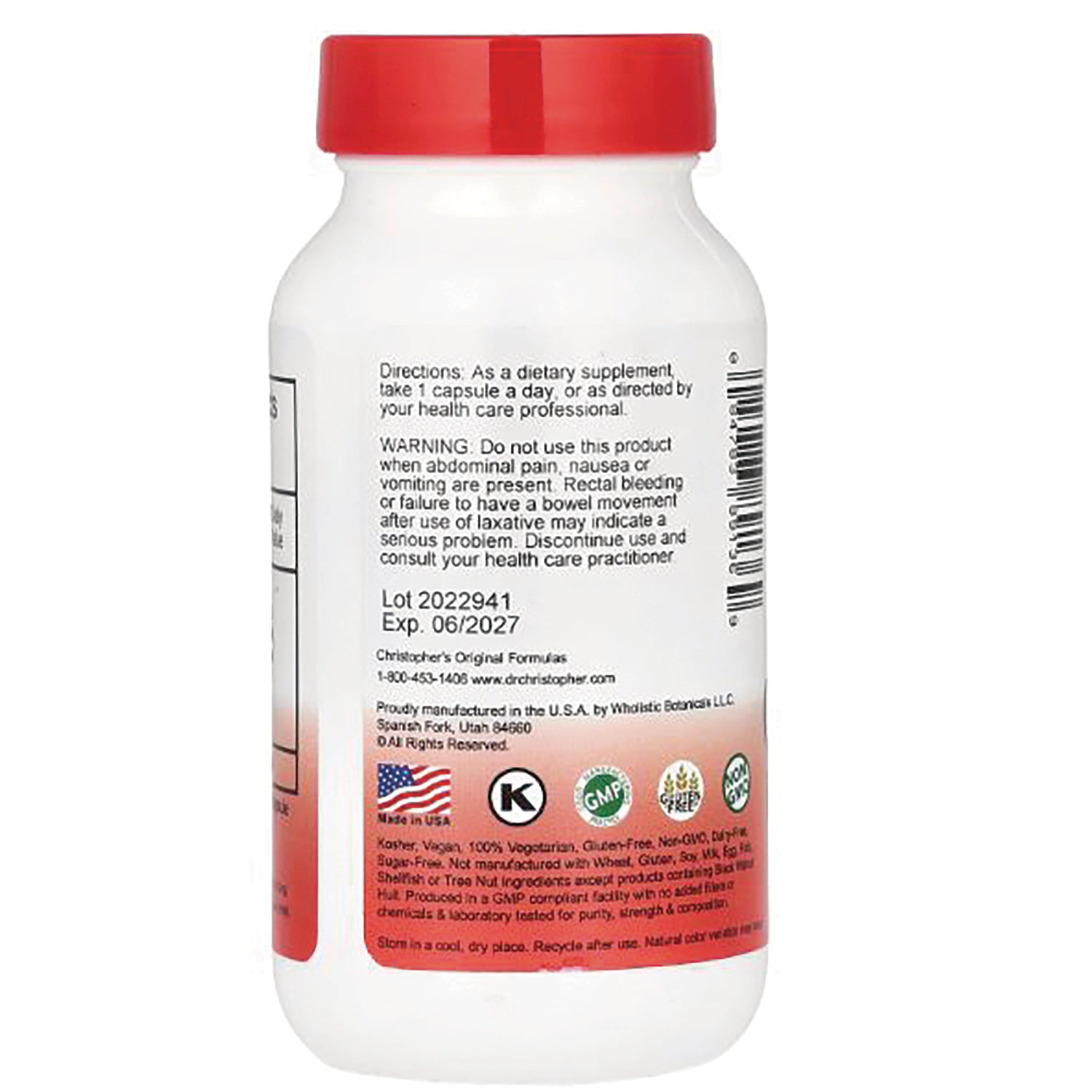 DCR008 | Back of white supplement bottle with red cap showing directions, warning text, lot 2022941 and Exp. 06/2027