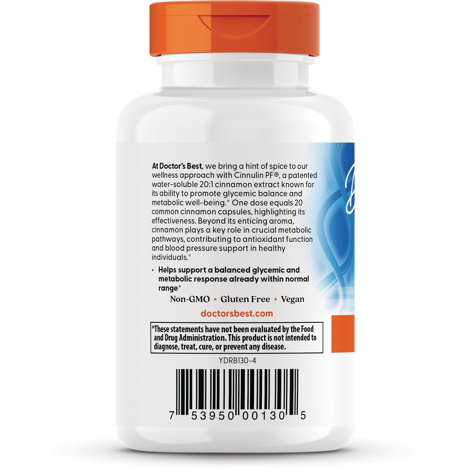 DB253 | back label of white supplement bottle with product description, Non-GMO Gluten Free Vegan claims and barcode