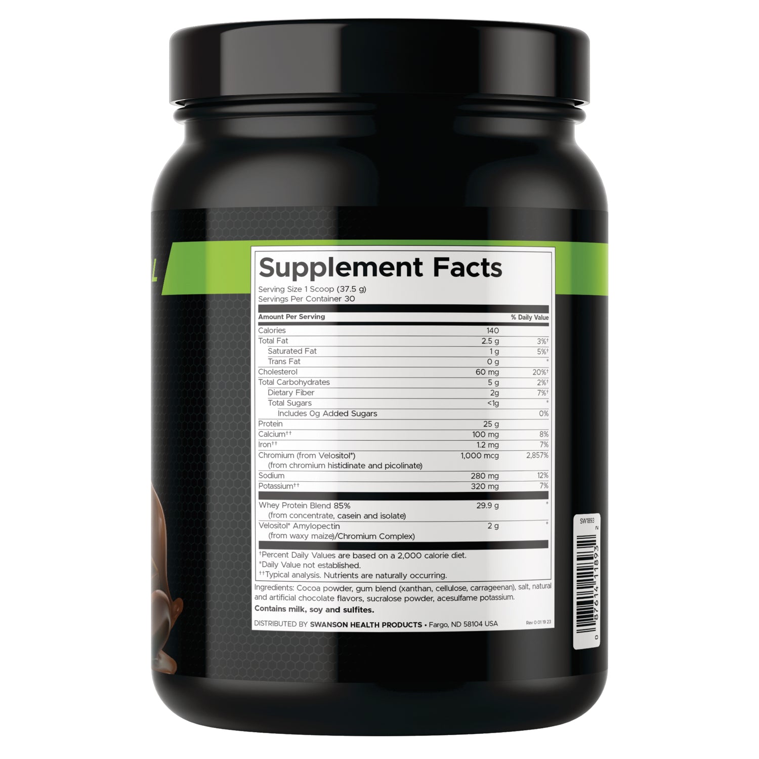 SW1893 | Supplement Facts panel with serving size 1 scoop (37.5g), 30 servings, 140 calories, 25g protein