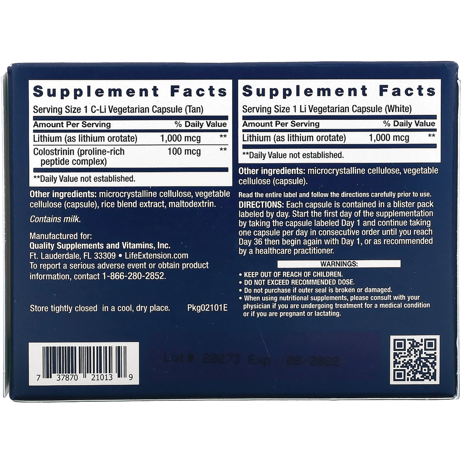 LE418 | Back panel showing supplement facts, ingredients, directions, barcode and warnings