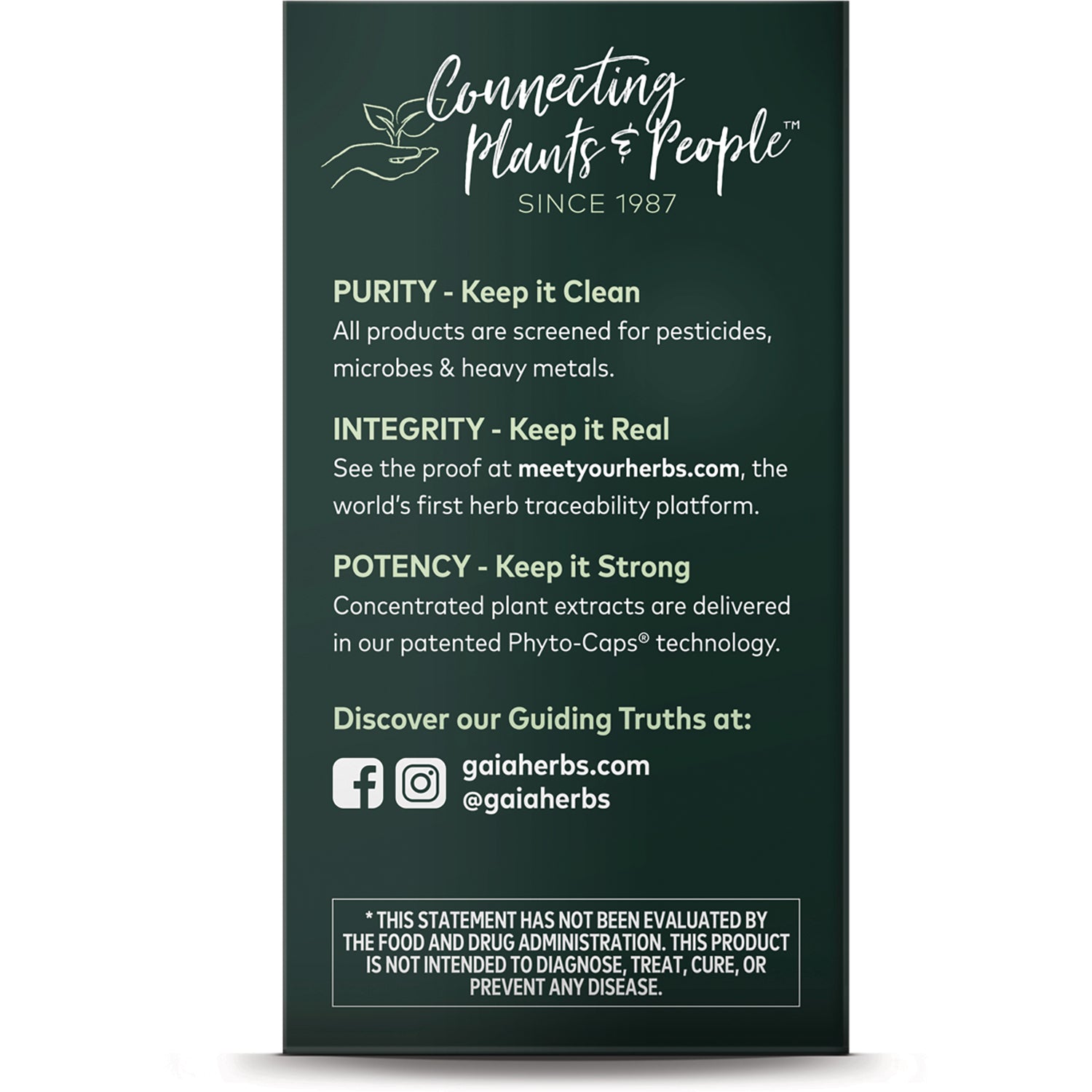 GH159 | product infographic listing Purity, Integrity, Potency and gaiaherbs.com with social icons