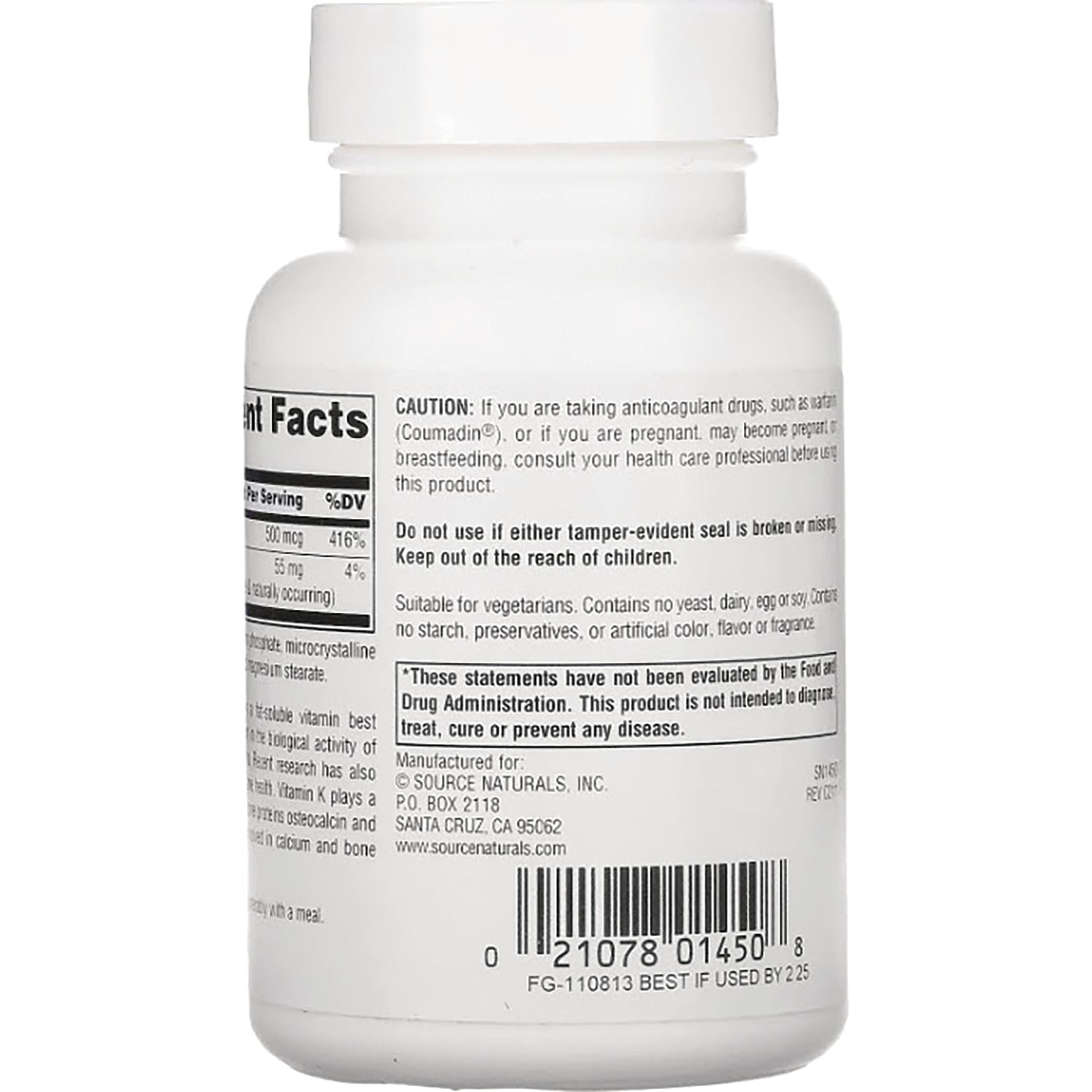 SN656 | Supplement bottle back label with Supplement Facts, cautions, manufacturer info, and barcode
