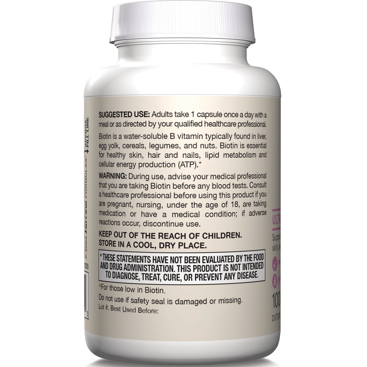 JR111 | Back label of white supplement bottle showing suggested use, warning, storage instructions and FDA disclaimer