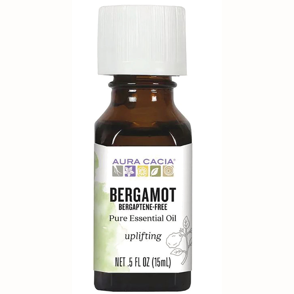 ARC028 | Aura Cacia Bergamot pure essential oil 0.5 fl oz (15 mL) amber bottle with white cap labeled uplifting - Thumbnail