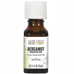 ARC028 | Aura Cacia Bergamot pure essential oil 0.5 fl oz (15 mL) amber bottle with white cap labeled uplifting