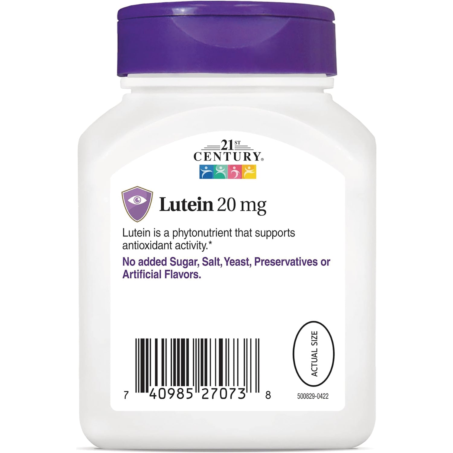 CNT097 | 21st Century Lutein 20 mg bottle front label showing product name, claims, barcode and actual size circle