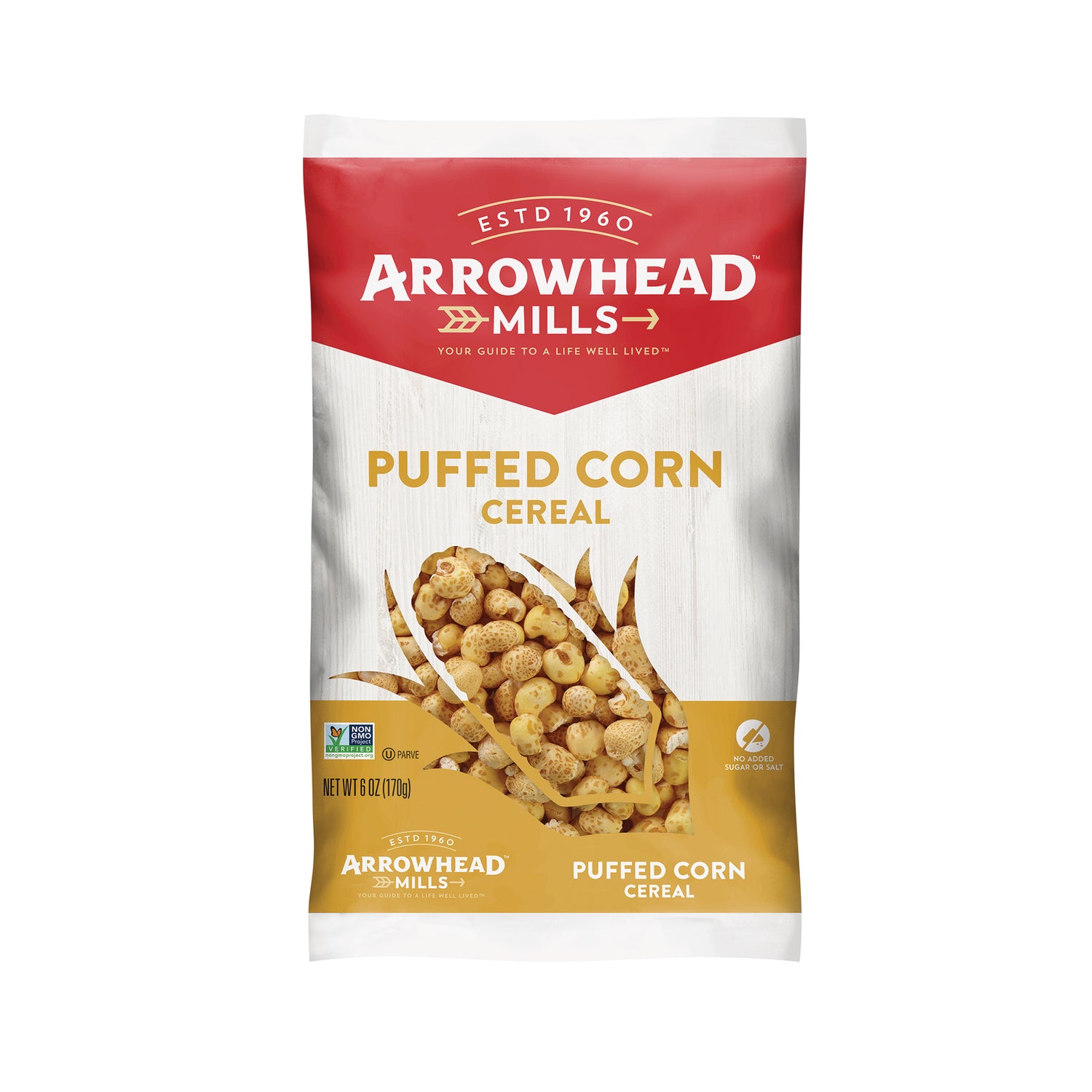 AHM018 | Arrowhead Mills Puffed Corn Cereal bag, 6 oz, no added sugar or salt