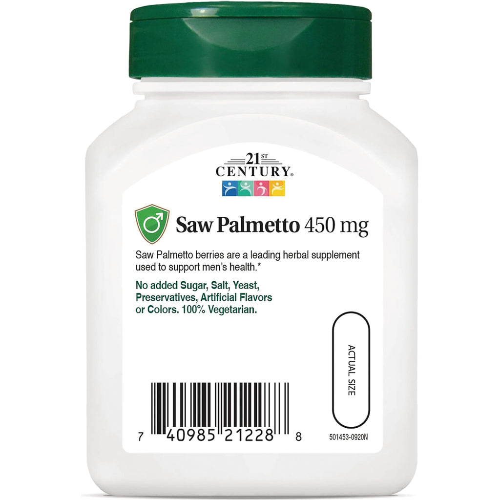 CNT141 | Saw Palmetto 450 mg label on white bottle showing supplement claims, barcode and actual size pill outline - Thumbnail