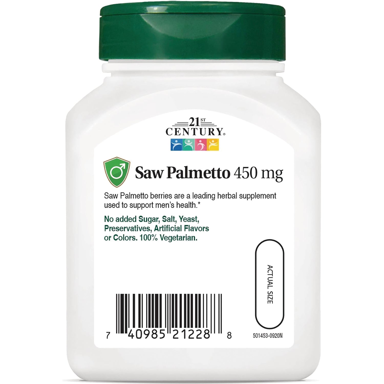 CNT141 | Saw Palmetto 450 mg label on white bottle showing supplement claims, barcode and actual size pill outline