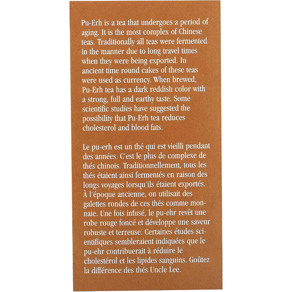 UL006 | Back panel with text about Pu-Erh tea aging, dark reddish color, earthy taste; English and French - Thumbnail