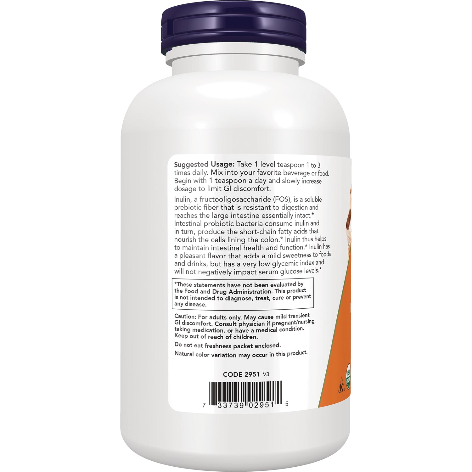 NWF1378 | Back label of white supplement bottle showing suggested usage, caution text and barcode